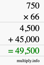 How to calculate 750 times 66 using long multiplication