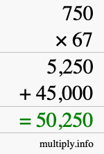 How to calculate 750 times 67 using long multiplication