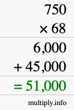 How to calculate 750 times 68 using long multiplication