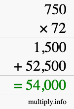 How to calculate 750 times 72 using long multiplication