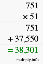 How to calculate 751 times 51 using long multiplication