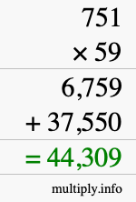 How to calculate 751 times 59 using long multiplication