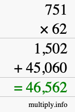 How to calculate 751 times 62 using long multiplication