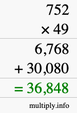 How to calculate 752 times 49 using long multiplication