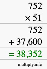 How to calculate 752 times 51 using long multiplication