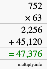How to calculate 752 times 63 using long multiplication