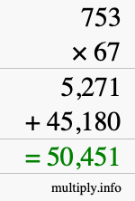 How to calculate 753 times 67 using long multiplication