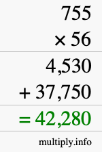 How to calculate 755 times 56 using long multiplication