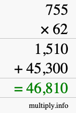 How to calculate 755 times 62 using long multiplication
