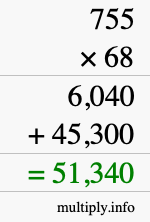 How to calculate 755 times 68 using long multiplication