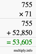 How to calculate 755 times 71 using long multiplication