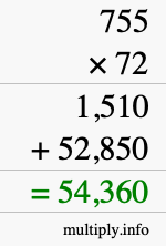 How to calculate 755 times 72 using long multiplication
