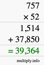 How to calculate 757 times 52 using long multiplication