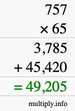 How to calculate 757 times 65 using long multiplication