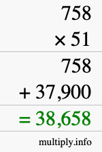 How to calculate 758 times 51 using long multiplication