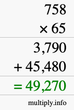 How to calculate 758 times 65 using long multiplication