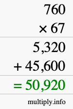 How to calculate 760 times 67 using long multiplication