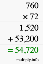 How to calculate 760 times 72 using long multiplication