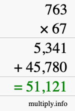 How to calculate 763 times 67 using long multiplication
