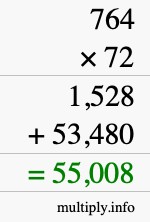 How to calculate 764 times 72 using long multiplication