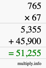 How to calculate 765 times 67 using long multiplication