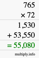 How to calculate 765 times 72 using long multiplication