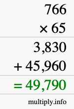 How to calculate 766 times 65 using long multiplication