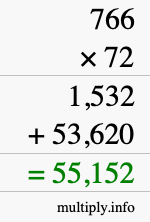 How to calculate 766 times 72 using long multiplication