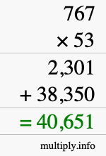 How to calculate 767 times 53 using long multiplication