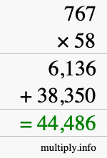 How to calculate 767 times 58 using long multiplication