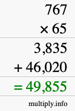 How to calculate 767 times 65 using long multiplication