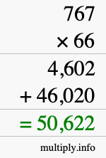 How to calculate 767 times 66 using long multiplication