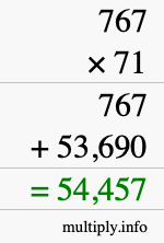 How to calculate 767 times 71 using long multiplication