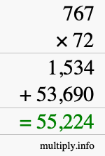 How to calculate 767 times 72 using long multiplication