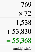 How to calculate 769 times 72 using long multiplication
