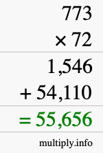 How to calculate 773 times 72 using long multiplication