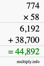 How to calculate 774 times 58 using long multiplication