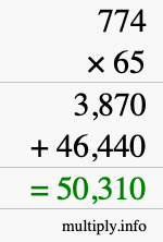 How to calculate 774 times 65 using long multiplication
