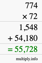 How to calculate 774 times 72 using long multiplication