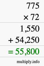 How to calculate 775 times 72 using long multiplication
