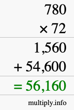 How to calculate 780 times 72 using long multiplication