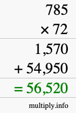 How to calculate 785 times 72 using long multiplication