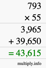 How to calculate 793 times 55 using long multiplication
