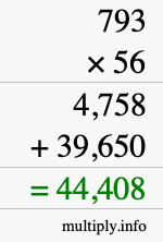 How to calculate 793 times 56 using long multiplication