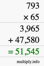 How to calculate 793 times 65 using long multiplication