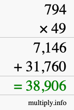How to calculate 794 times 49 using long multiplication