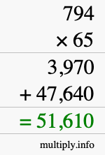 How to calculate 794 times 65 using long multiplication