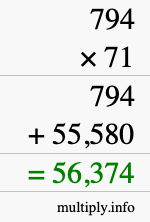 How to calculate 794 times 71 using long multiplication