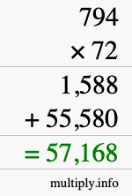 How to calculate 794 times 72 using long multiplication