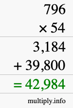 How to calculate 796 times 54 using long multiplication